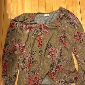 Maurices size medium brown sweater with floral details, knot detail on bottom